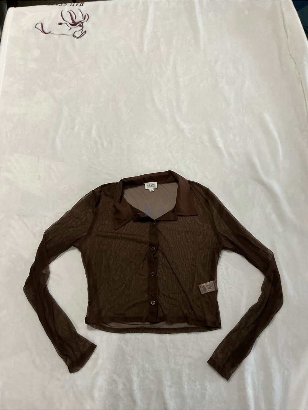 Le Lis Sheer Brown Long Sleeve Button-Down Top